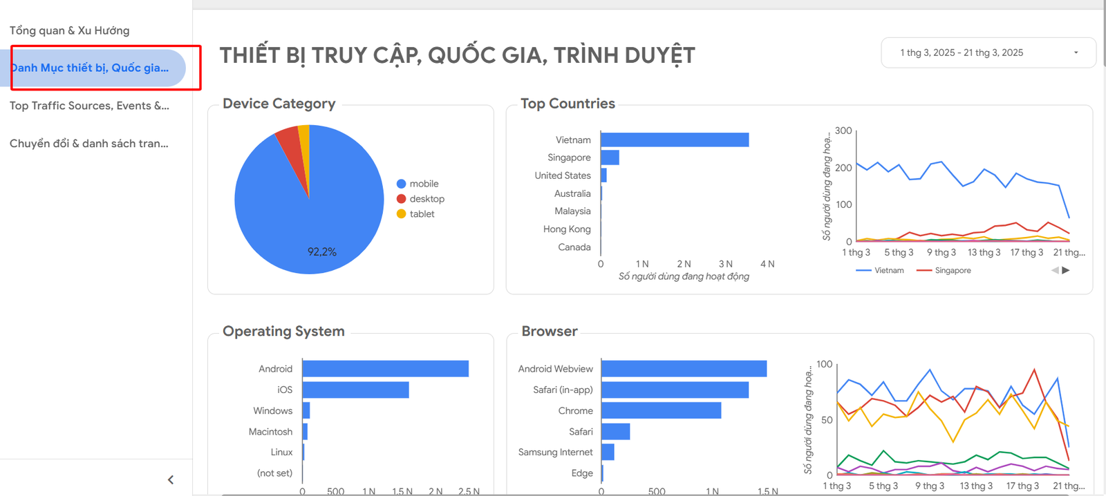 báo cáo website performance nơi truy cập
